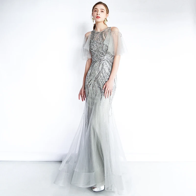 vestido de festa серые Выпускные платья длинное платье круглый вырез короткий рукав вечерние платья Женская официальная Хрустальная Русалочка платья для выпускного вечера
