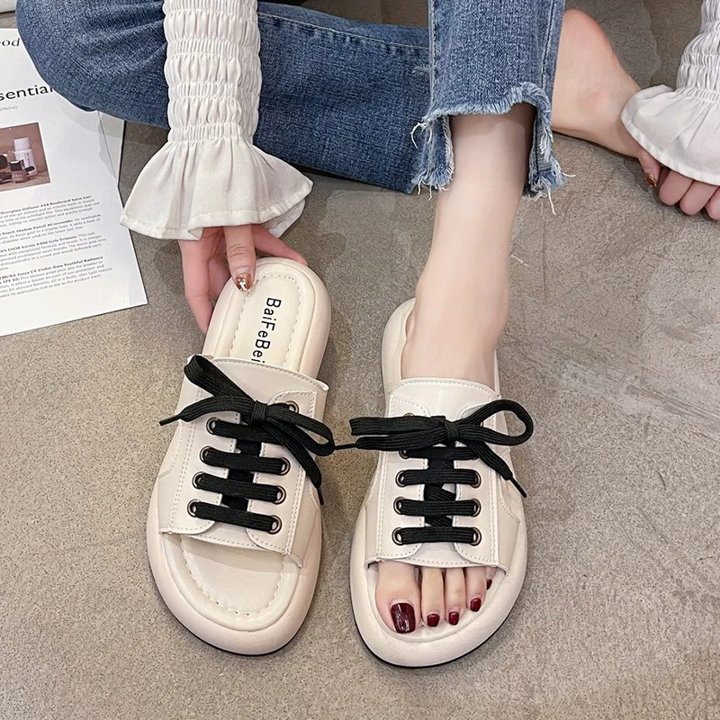 

Low Slippers Casual Beach Shoes Platform Slipers Women Slides Luxury Sabot Soft Flat Summer 2021 Rubber Basic PU Lace-Up