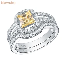newshe 2pcs 925 sterling silver wedding rings for women yellow princess cut aaaaa zircons engagement ring set jewelry qr4871