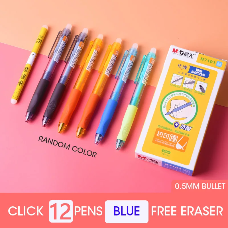 Click 12pcs Blue Andstal эргономичная Антибактериальная стираемая ручка 0,5 мм M& G гелевая ручка стирающиеся ручки черные, голубые чернила с ластиком gelpen школьные принадлежности - Цвет: Click 12pcs Blue