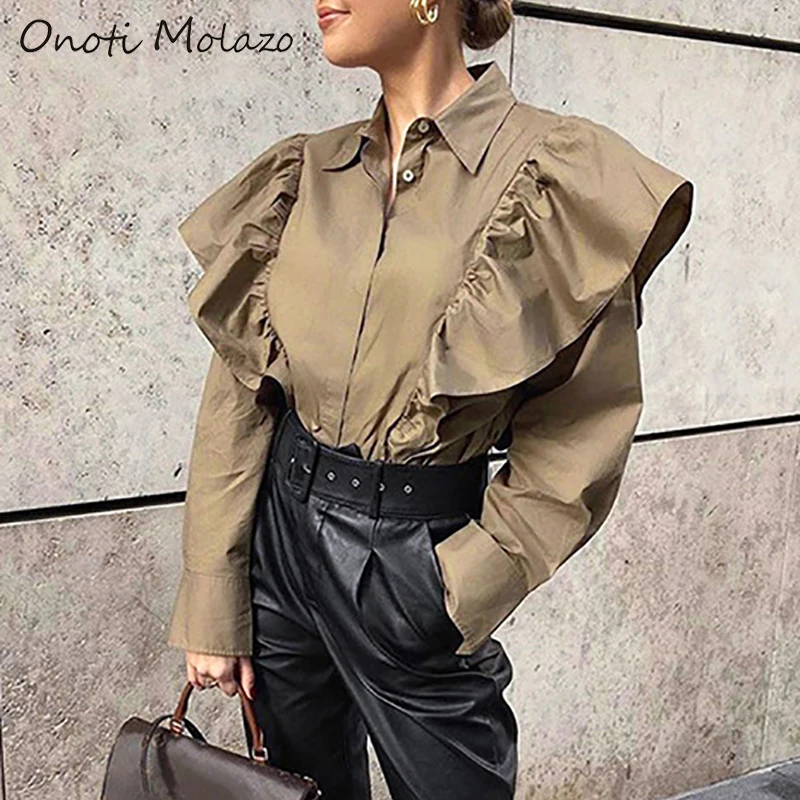 Onoti Molazo Casual Blouse Women Top Ruffles Solid Shirts Elegant Ladies Tops Blouses Chic Female 2020 Spring New Fashion | Женская