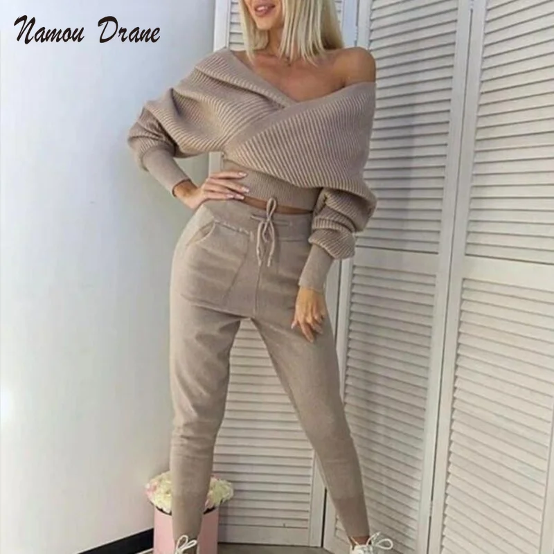 

Sexy Off shoudler 2 Piece Sweater Tracksuits Women Harrem Pants + Double V Neck Pullover Sweater Set Fall Winter Knitted Clothes
