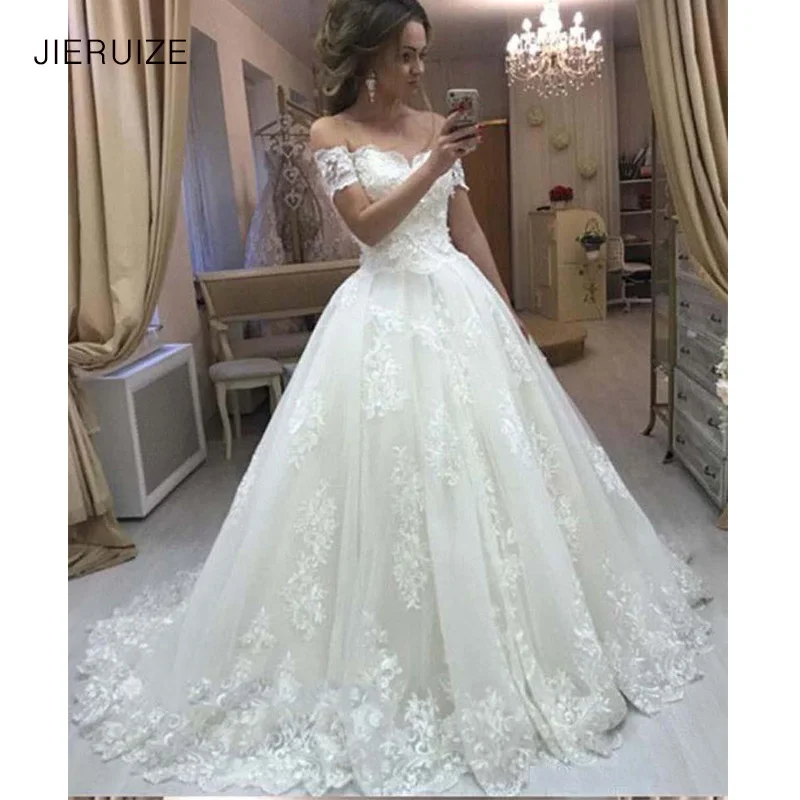 

JIERUIZE Luxury Lace Ball Gown Off the Shoulder Wedding Dresses Sweetheart Lace-up Back Applique Bridal Gowns robe de mariage