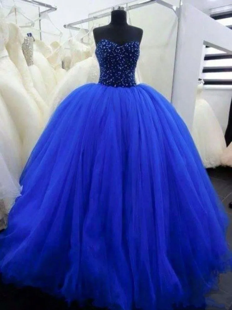 

Real Image Quinceanera Dresses Ball Gown Sweetheart Backless Beaded Crystal Ruffle Floor Length 2015 Royal Blue Tulle Prom Gowns