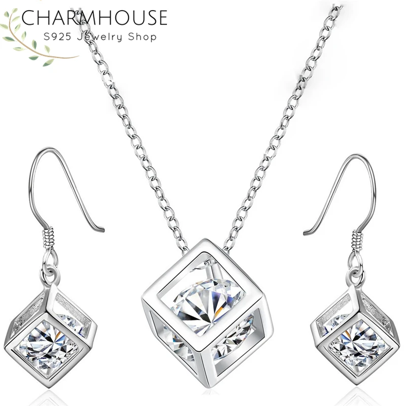 

Charmhouse Silver 925 Jewelry Sets For Women Cubic Zirconia Pendant Necklace + Earrings 2 pcs Costume Jewelry Set Accessories