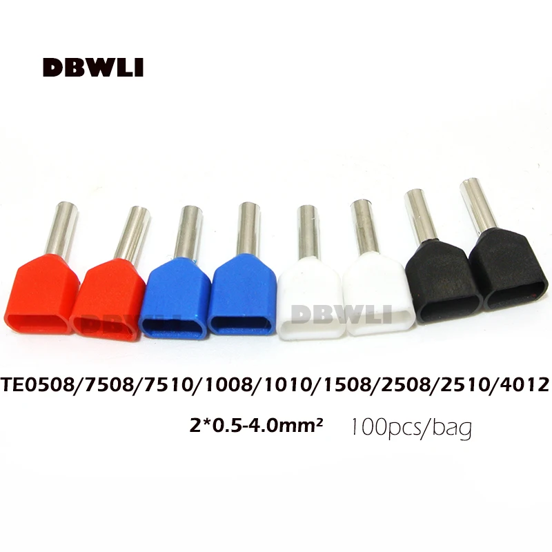 100Pcs Double Cord Terminal Copper Insulated Crimp TE 0508/ 7508/ 7510/ 1008 /11508 /2508/2510/4009 Wires 2x0.5-4.0mm2 | Обустройство