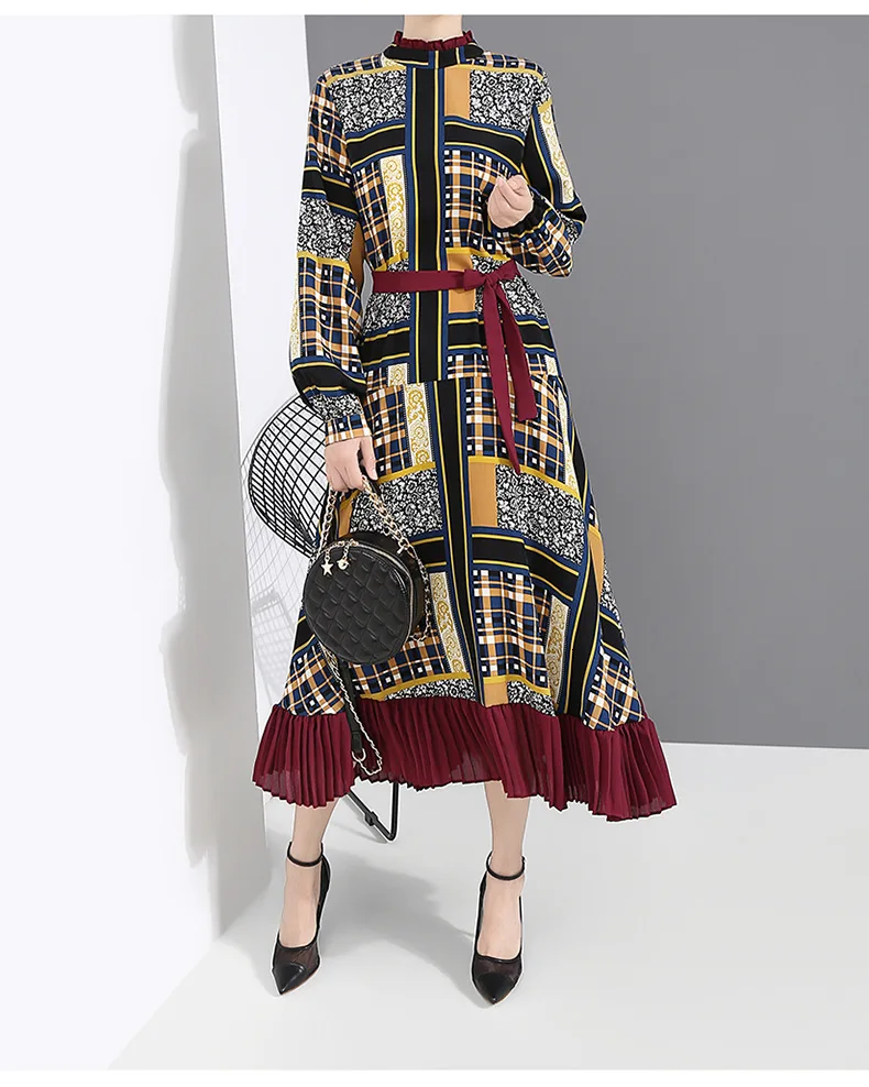 [EAM] Women Pattern Print Pleated Hit Color Dress New Stand Neck Long Sleeve Loose Fit Fashion Tide Spring Autumn 1A884