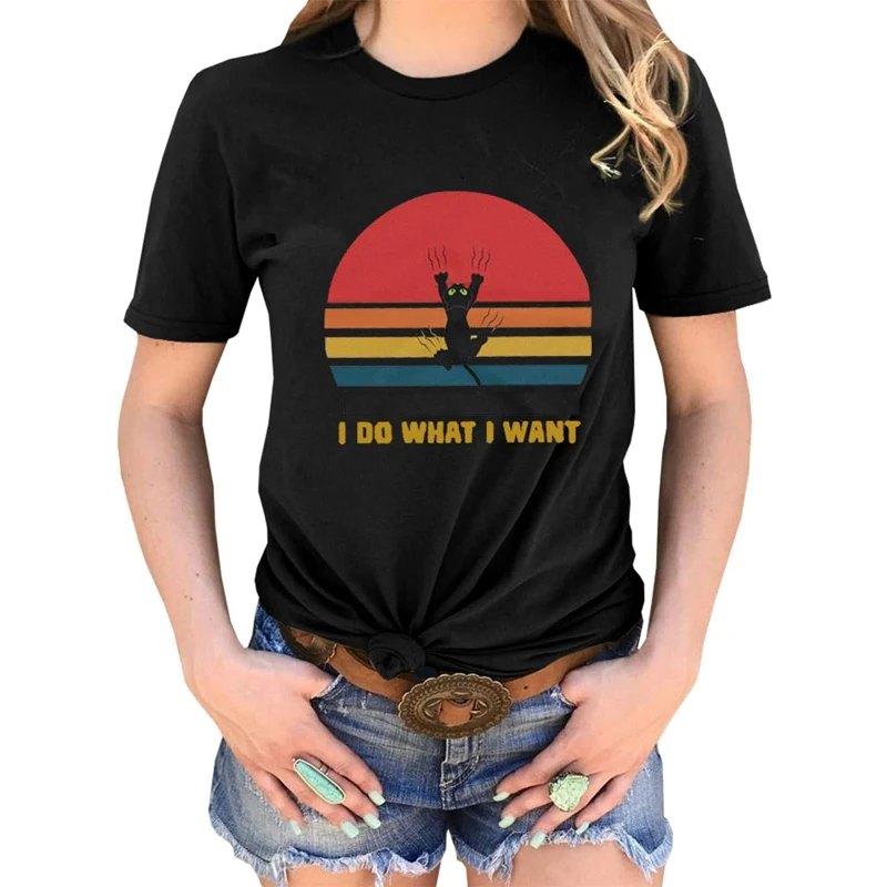 Милая кошка I Do What I Want винтажная женская футболка женская мужская футболка с длинными рукавами топы с круглым вырезом и коротким рукавом