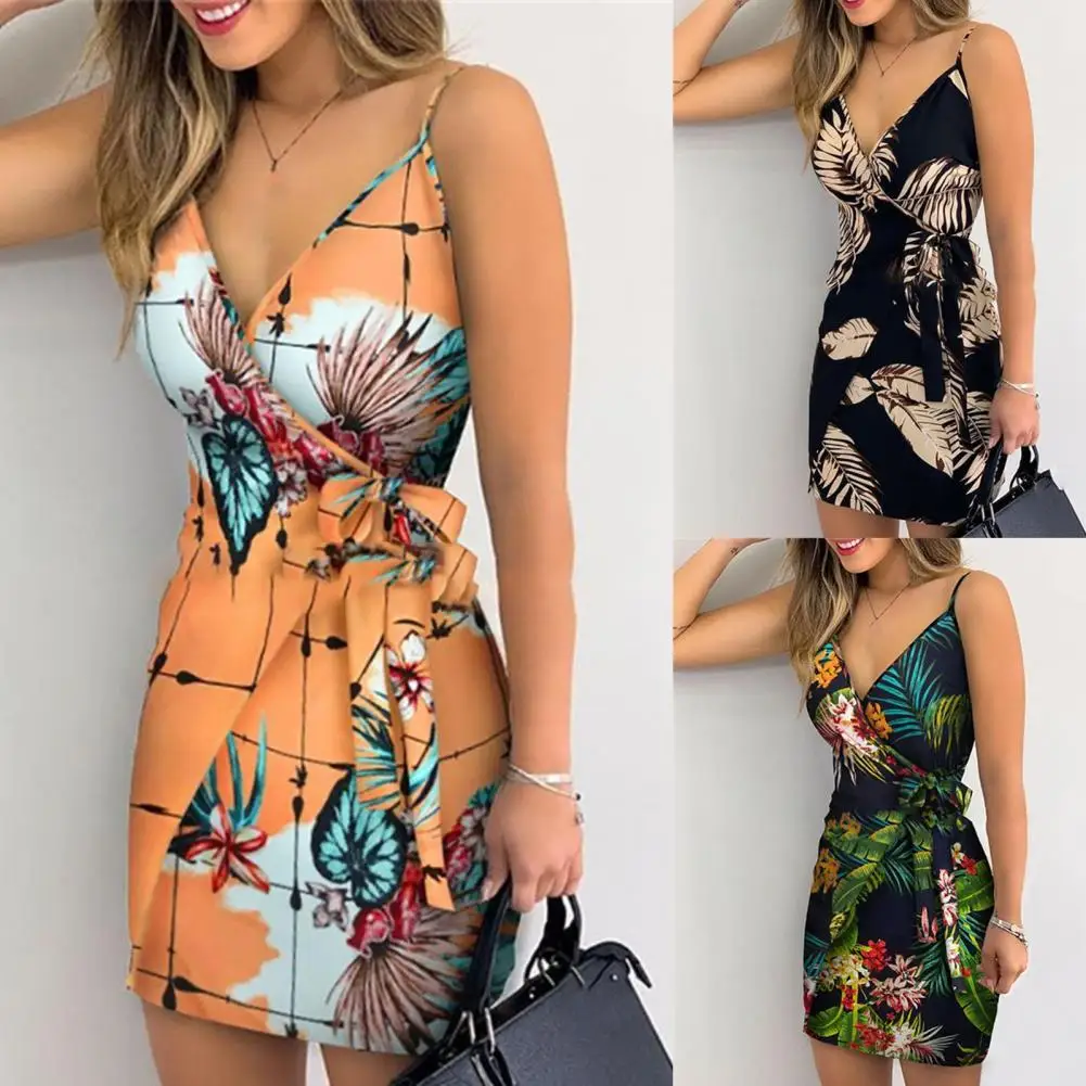 

Hot Sales!!! Summer Dress Floral Leaves Print Skinny Female Spaghetti Strap Bohemian Beachwear for Beach
