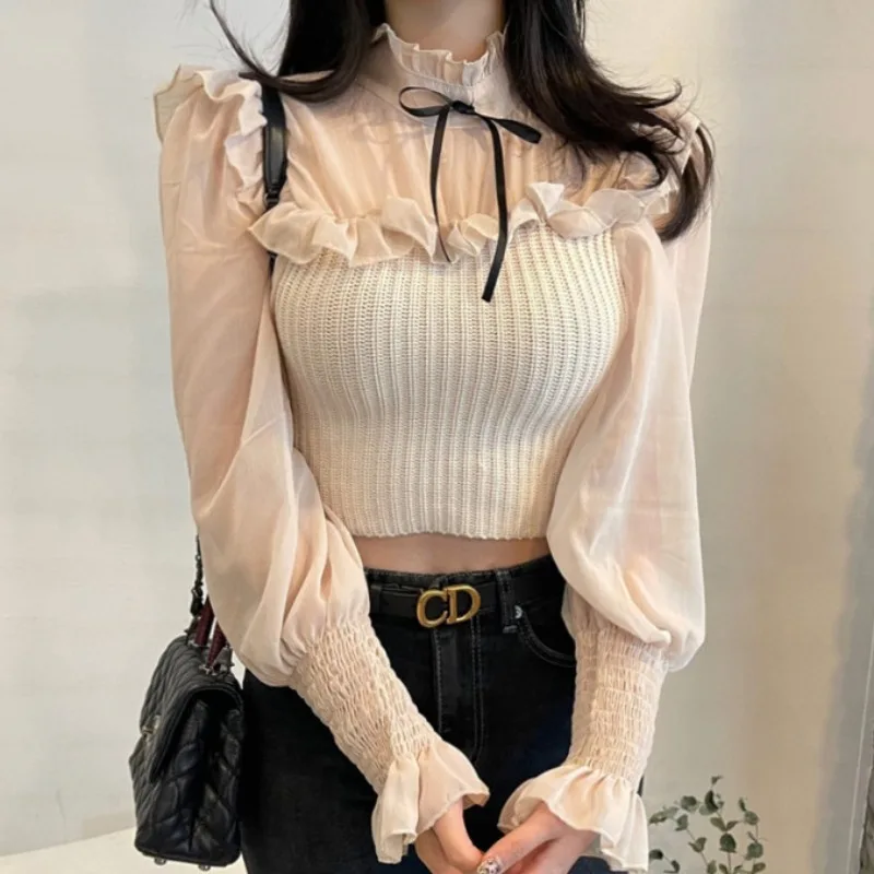 

Ruffled Chiffon Knitted Blouse Women's Design Elegant Slim Women's Blouse Fall 2021