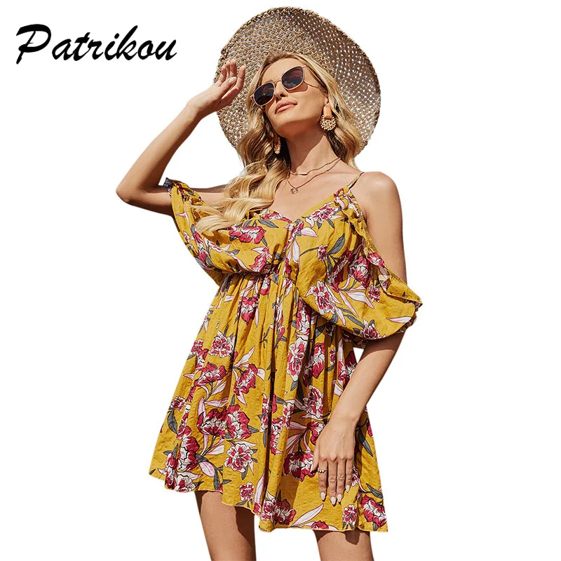 

Women Strapless Floral Dress Female Elastic Waist Clothing Batwing Sleeves Backless Print Camisole Above Knee Dress V-Neck Robe