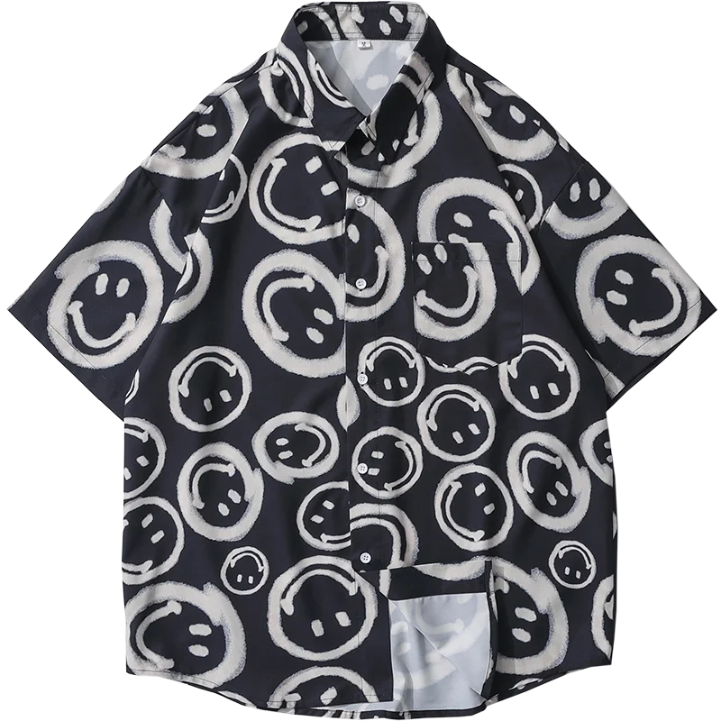 

Men's short-sleeved shirt 2021 new summer loose casual button cardigan creative smiley pattern printed lapel top