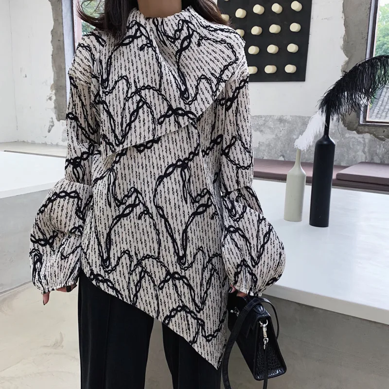 DEAT цветочный плиссированный фонарь с длинным рукавом стоячий воротник