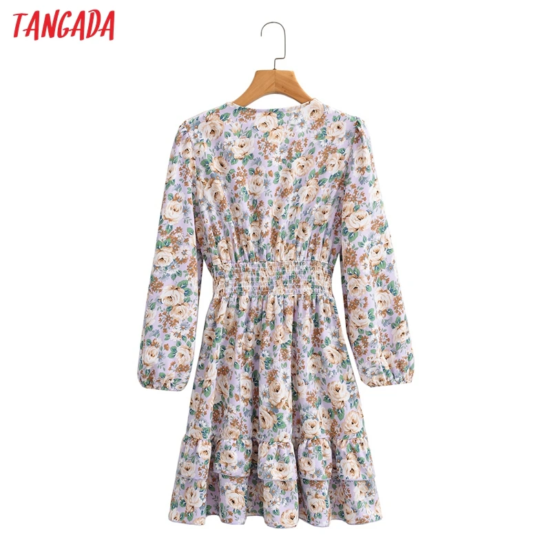 

Tangada 2021 Fashion Women Romantic Floral Print Autumn Dress V Neck Long Sleeve Casual Ladies Mini Dress 1F243