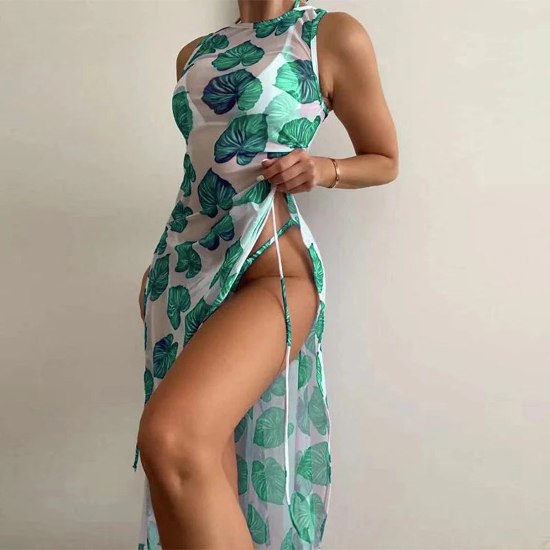 

Sexy Women Three Pieces Bikini Set 2022 Leaf Print Low Waist Swimsuit Sun Protection Beachwear Conservative Swimwear BathingSuit