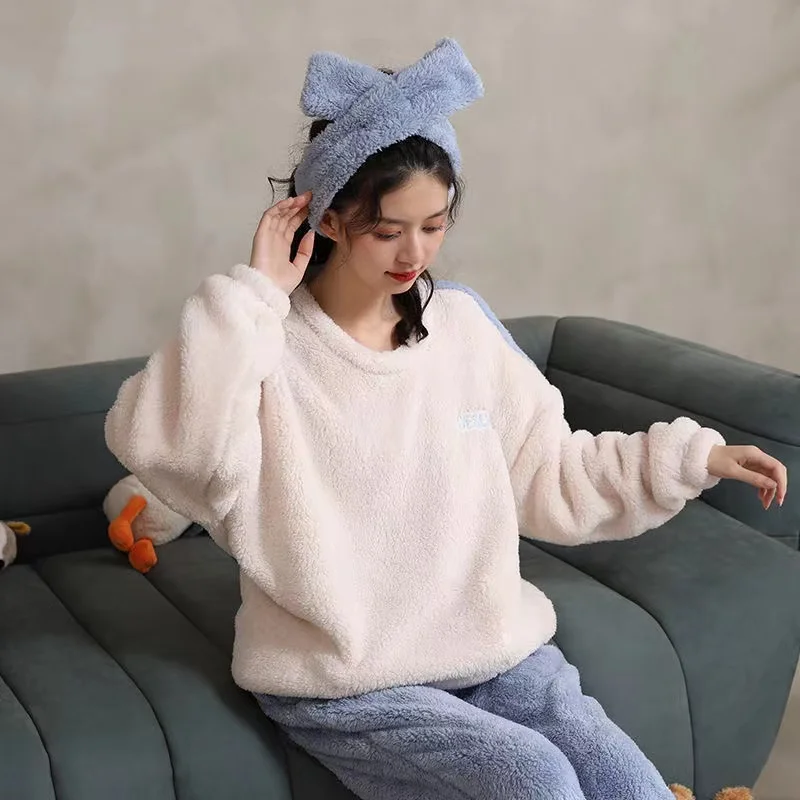 Winter Thick Warm Flannel Pyjamas Set Women's Coral Velvet Long Sleeve Trousers Sleepwear Home Clothing Pajama