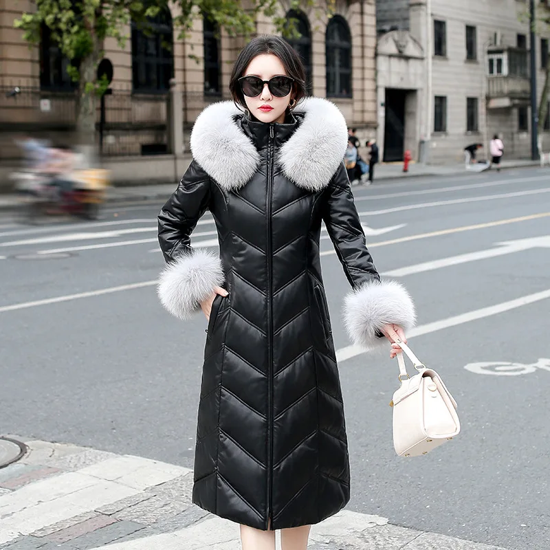 

2021 New Winter White Duck Down Jacket Female Large Natural Fox Real Fur Collar Hooded Down Jacket Female Office Worker Jacket