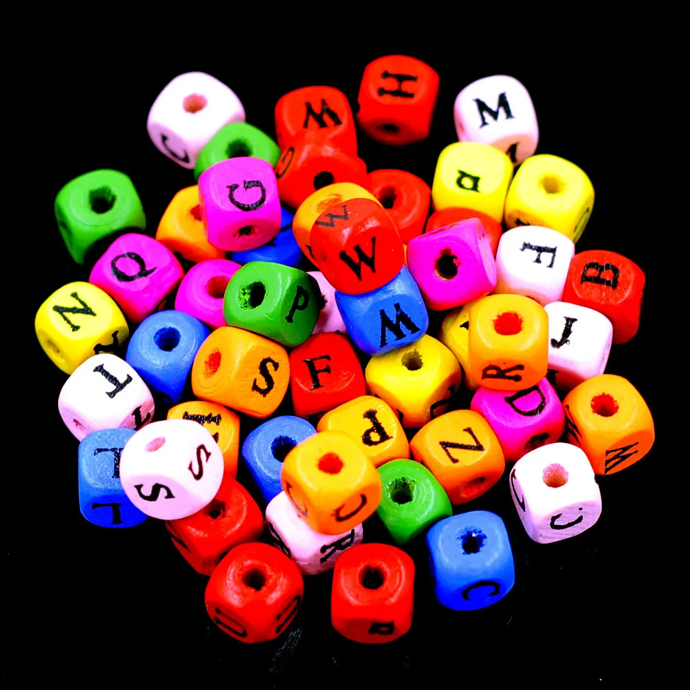 

100Pcs Alphabet Spacer Beads Letters Wooden Cube Wood Mixed Colourful Crafts Jewelry DIY Making Findings 10x9mm