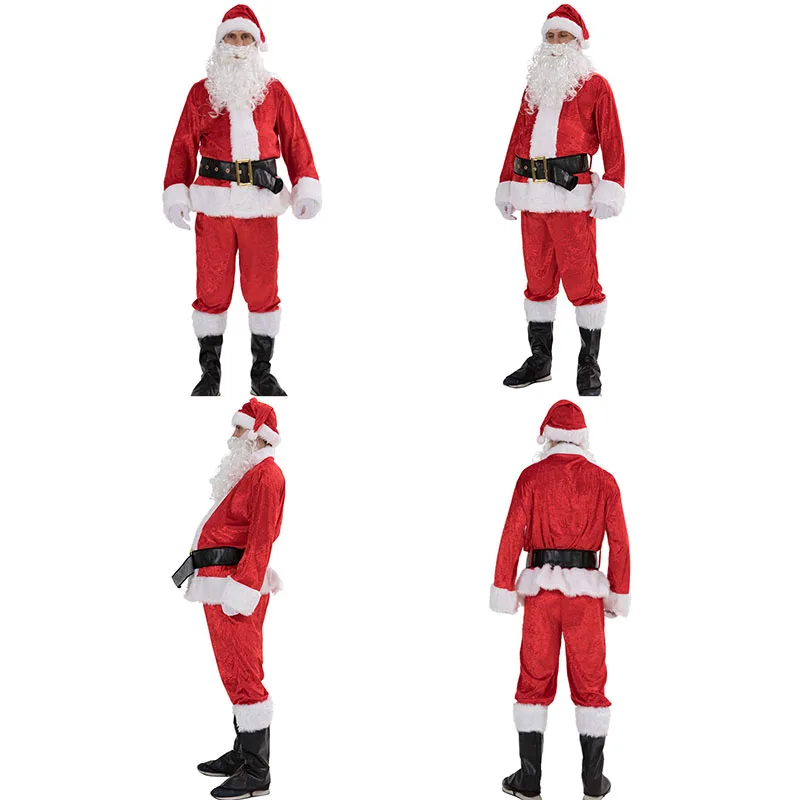Adult Christmas Santa Claus Costume Man Belly Hohoho Snowman Cosplay Clothes Set Beard Hat Belt Bag Decoration Dancing Outfit
