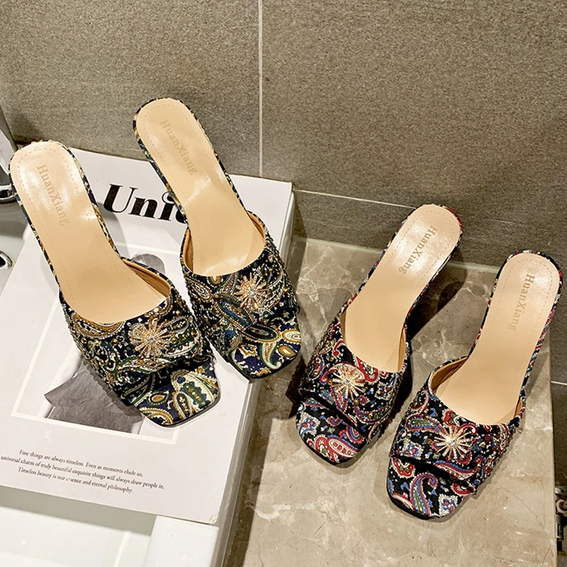 

BJYL Women Sandals folk-custom Sandals Ladies High Heel Slippers Open Toes Thin Heel Fashion Female Slides Summer Shoes B746