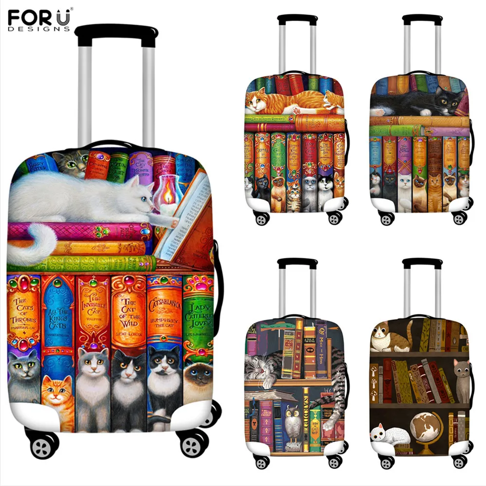 

FORUDESIGNS Luggage Protective Cover Suitcase Case Cute Cartoon Cats Bookshelf Travel Accessorie Elastic Luggage Cover 18-32inch