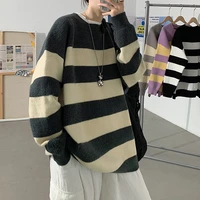hybskr autumn winter mens striped sweater thickened casual loose male pullovers oversize top korean style casual mens clothing