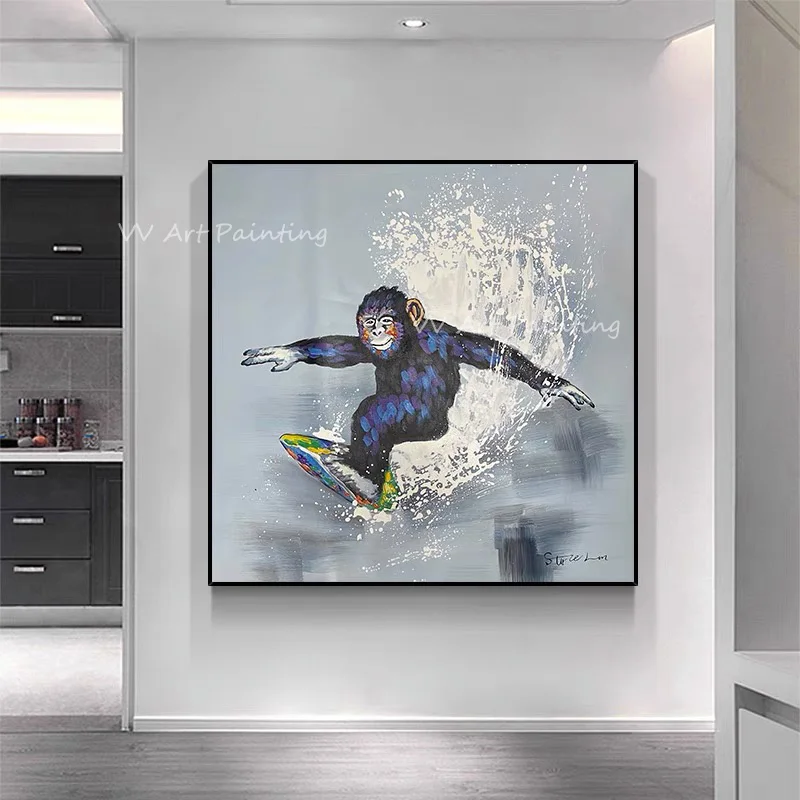 

100% ручная работа обезьяна океан серфинг крутая животная масляная живопись ручной работы абстрактное искусство для детской гостиной украше...