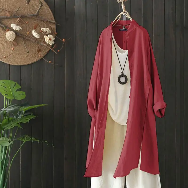 Рубашка ZANZEA Женская с длинным рукавом винтажная хлопково-Льняная блузка на