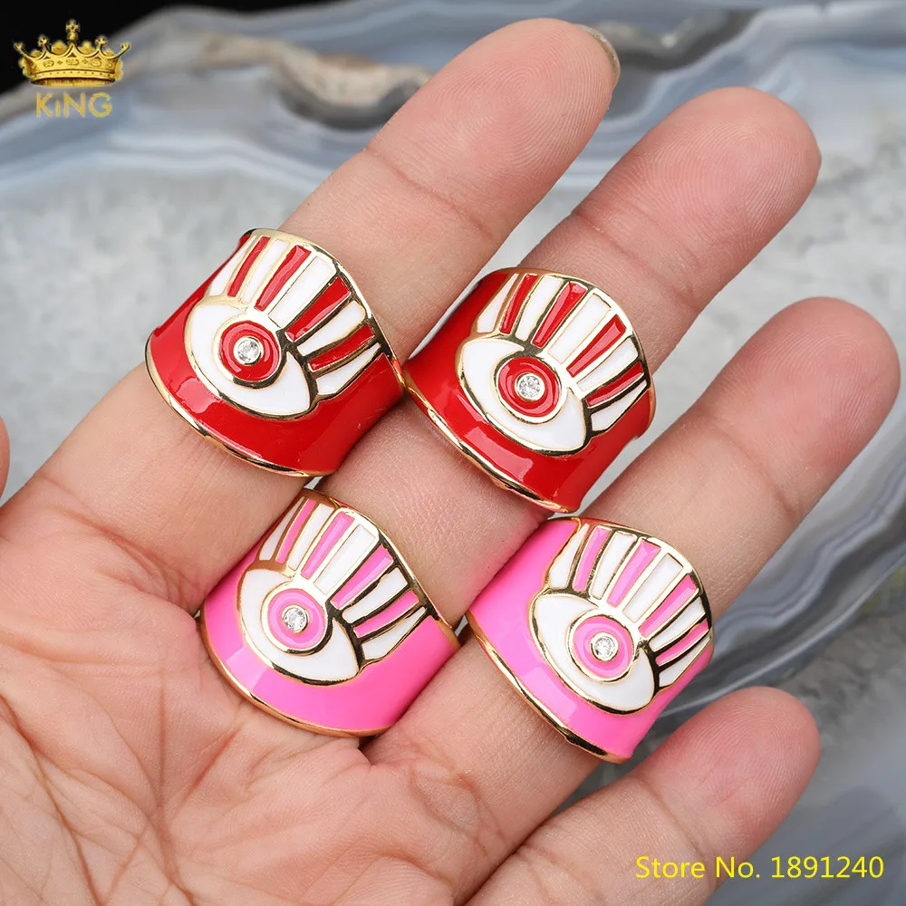 

10pcs Pink Red Enamel Gold Adjustable Rings Jewelry,CZ Mirco Paved Evil Eyes Statement Rings For Women Bohemia Rings Jewelry