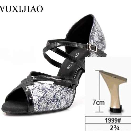black heel 7cm WUXIJIAO розовый узор PU материал черные золотые латинские женские туфли для танцев сальса танцевальные вечерние со стразами Бальные Танцевальные Туфли 9 см - Цвет: black heel 7cm