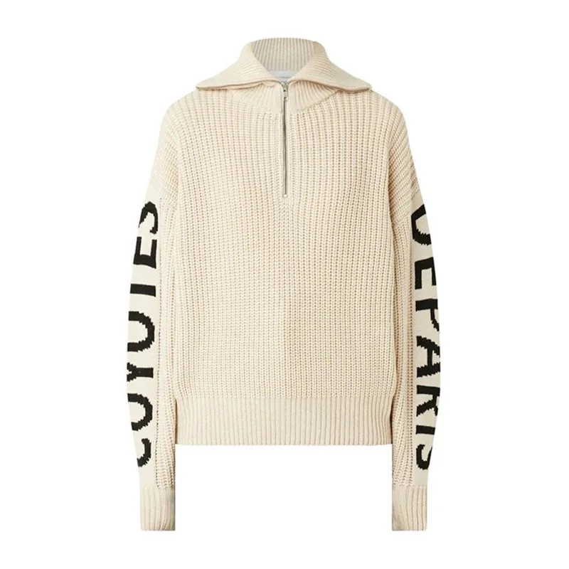 

2021 Fall/Winter New Women Sweater Wool Half-Zipper Letter Jacquard Long Sleeve Loose Fashion Personality Knitwear