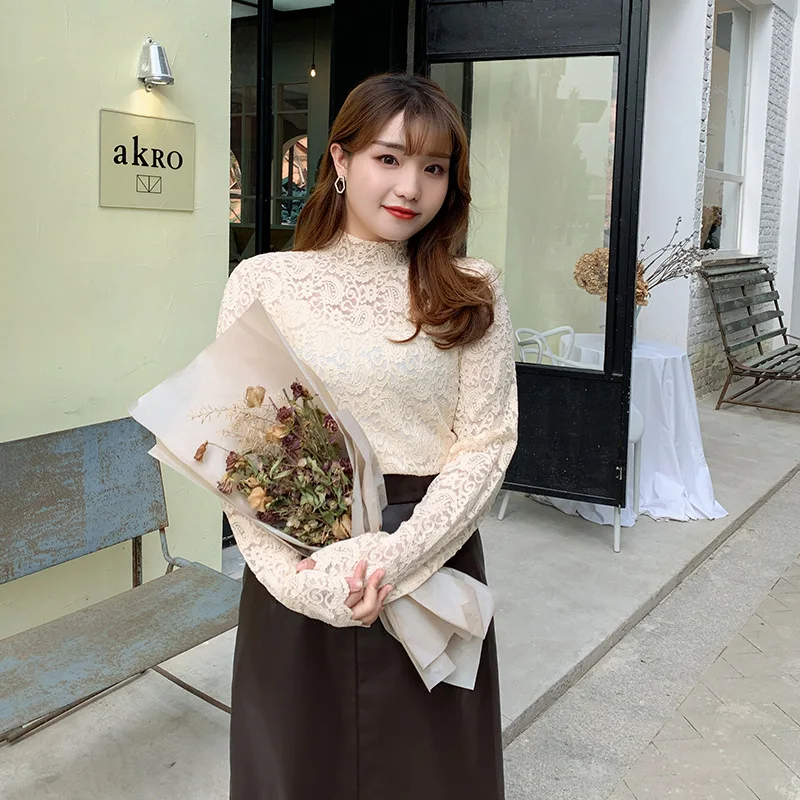 

Long Sleeve Lace Shirts Women Tops and Blouses Stretch Turtleneck Casual Blusas Solid Female 4XL Plus Size Blouse TA9516