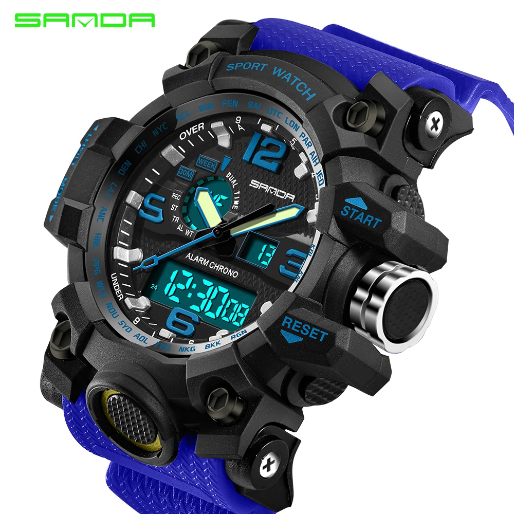 

SANDA Brand Men Sports Watches Dual Display Analog Digital LED Electronic Quartz Wristwatches Waterproof Swimming Military Watch
