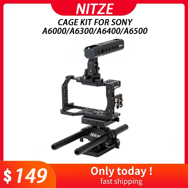 

Nitze Cage Kit for Sony a6000/a6300/a6400/a6500 with PE09 HDMI Cable Clamp, PA23A NATO Handle, PB10-A Baseplate and 200 mm Rods