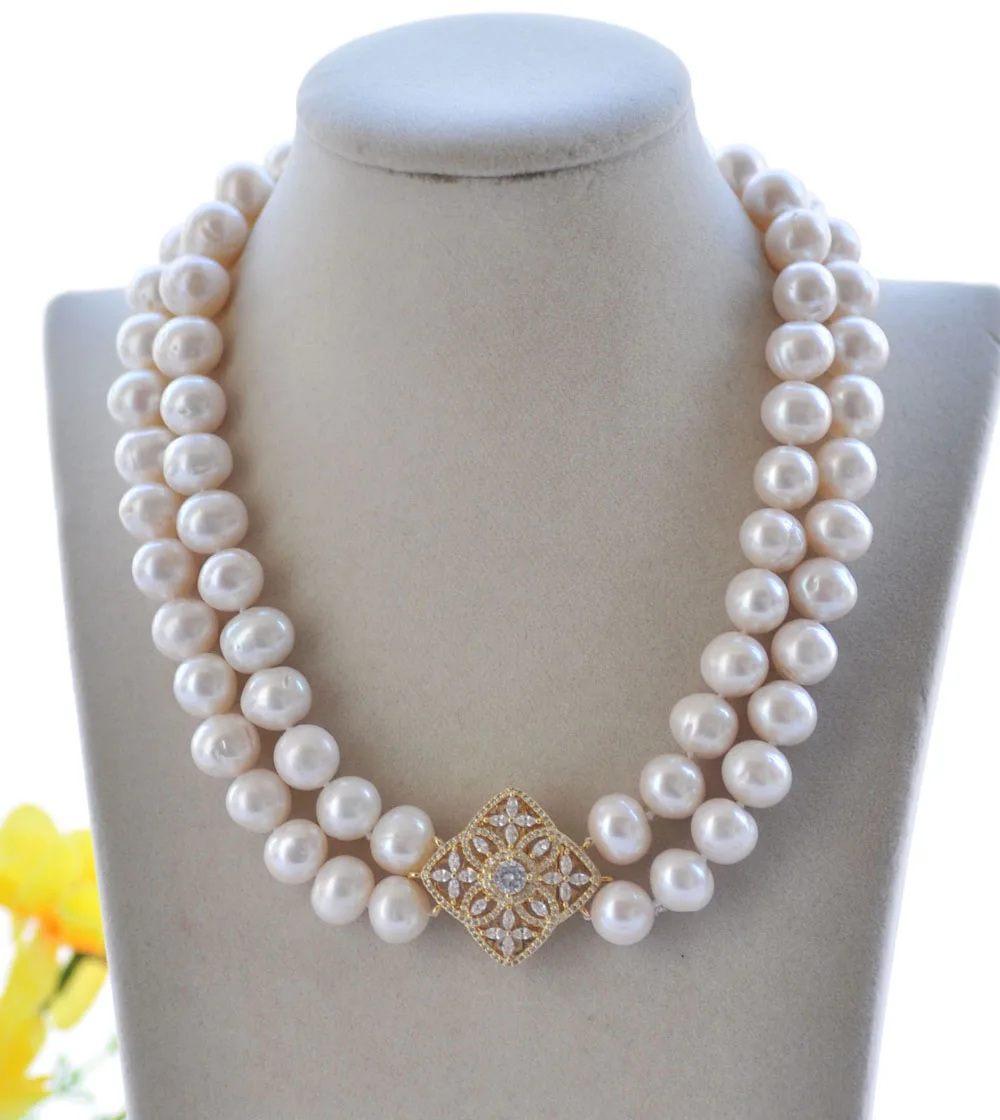 P7529 2Row 15mm Round White Freshwater Pearl Necklace Bracelet CZ Button