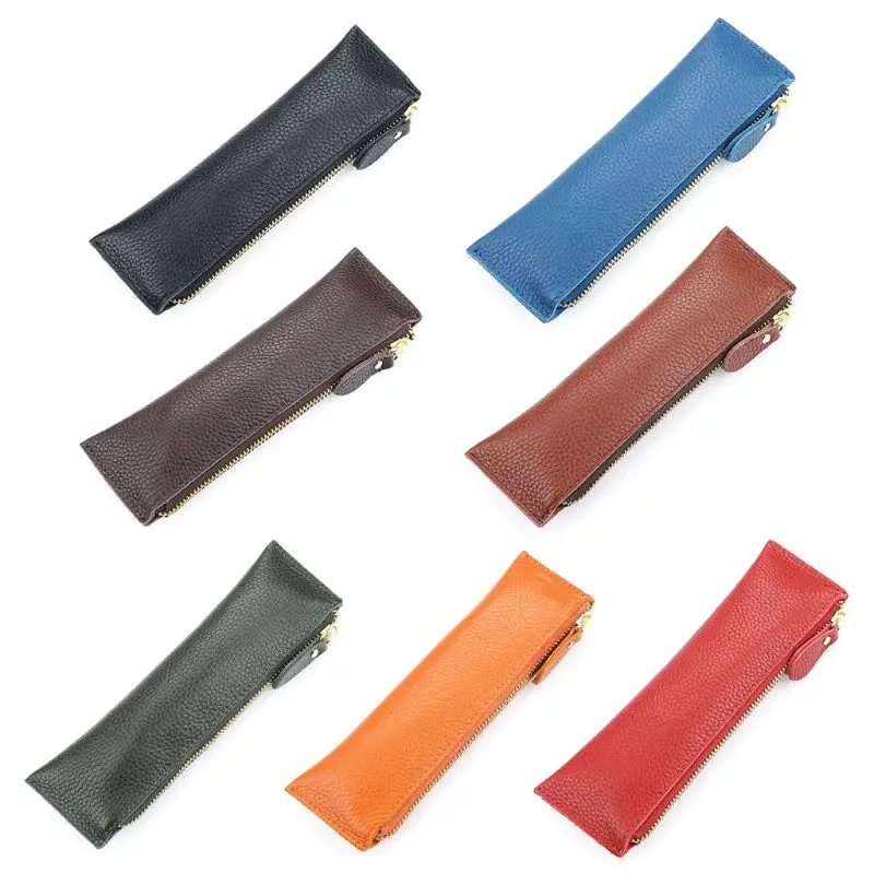 

Handmade Leather Pencil Bag Vintage Retro Zipper Fountain Pen Makeup Brush Pouch X3UE