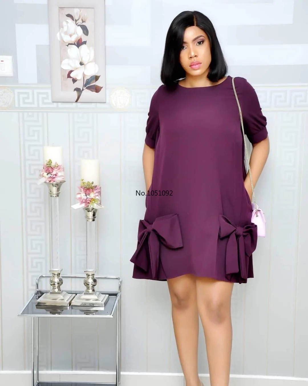 Женское мини Свободное платье с короткими рукавами и круглым вырезом бантиком