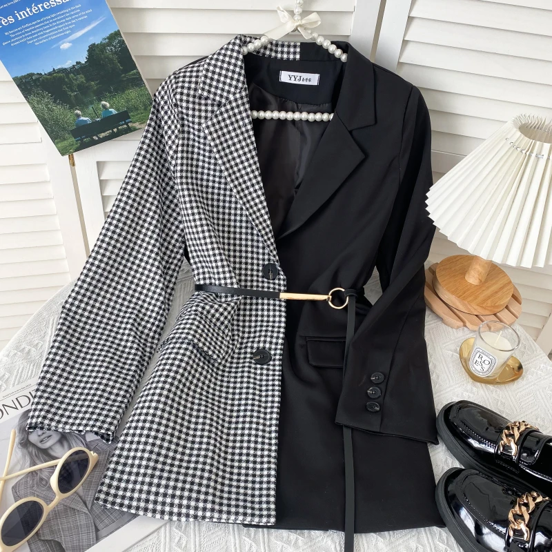 

New Spring Products, Niche Design, Lapel, Contrast Stitching, Houndstooth Waist, Thin, Long-sleeved Suit Jacket Female With Belt