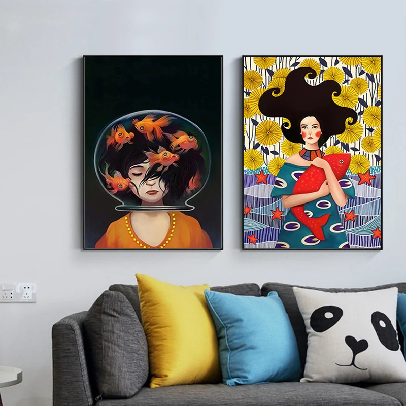 

Nordic Style Cartoon Girl and Fish Canvas Prints Paintings on Wall Art Pictures for Girls Bedroom Decor Scandinavian Cuadros