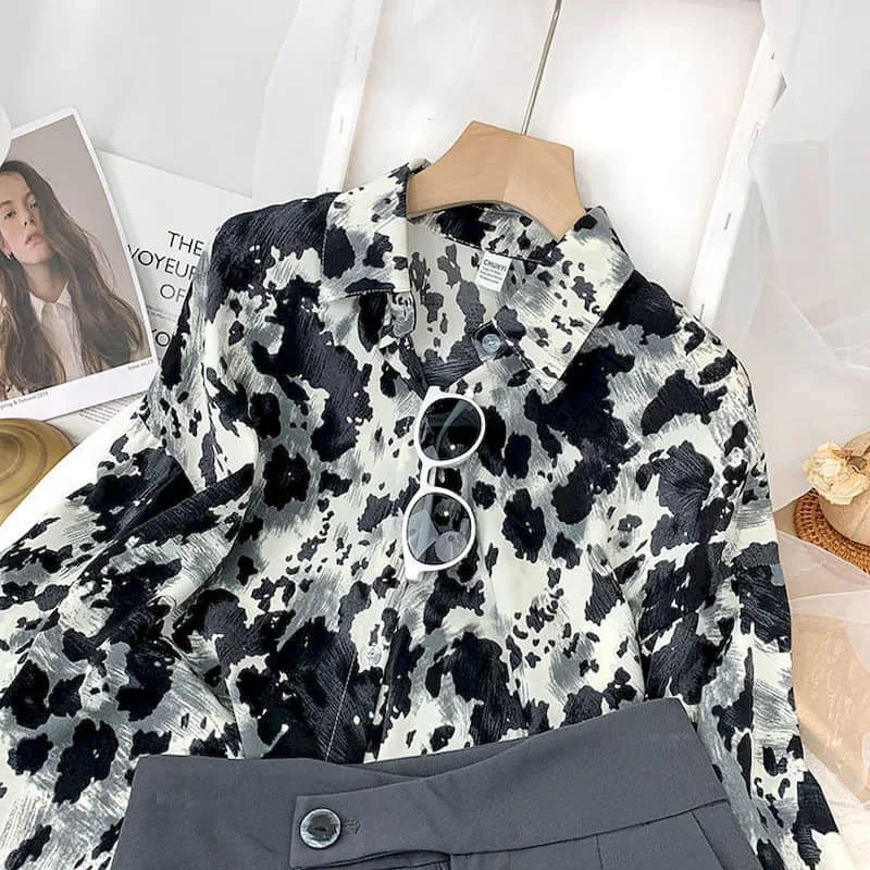 Женская свободная рубашка с леопардовым принтом длинным рукавом - купить по