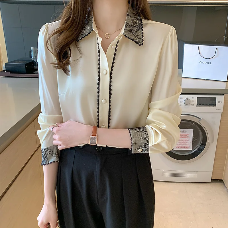 

Blouses FemaleShirt Women's Long Sleeve Satin Design Sense 2021 Autumn All-Match Drape Kong Style Shirt TopWomen Shirts