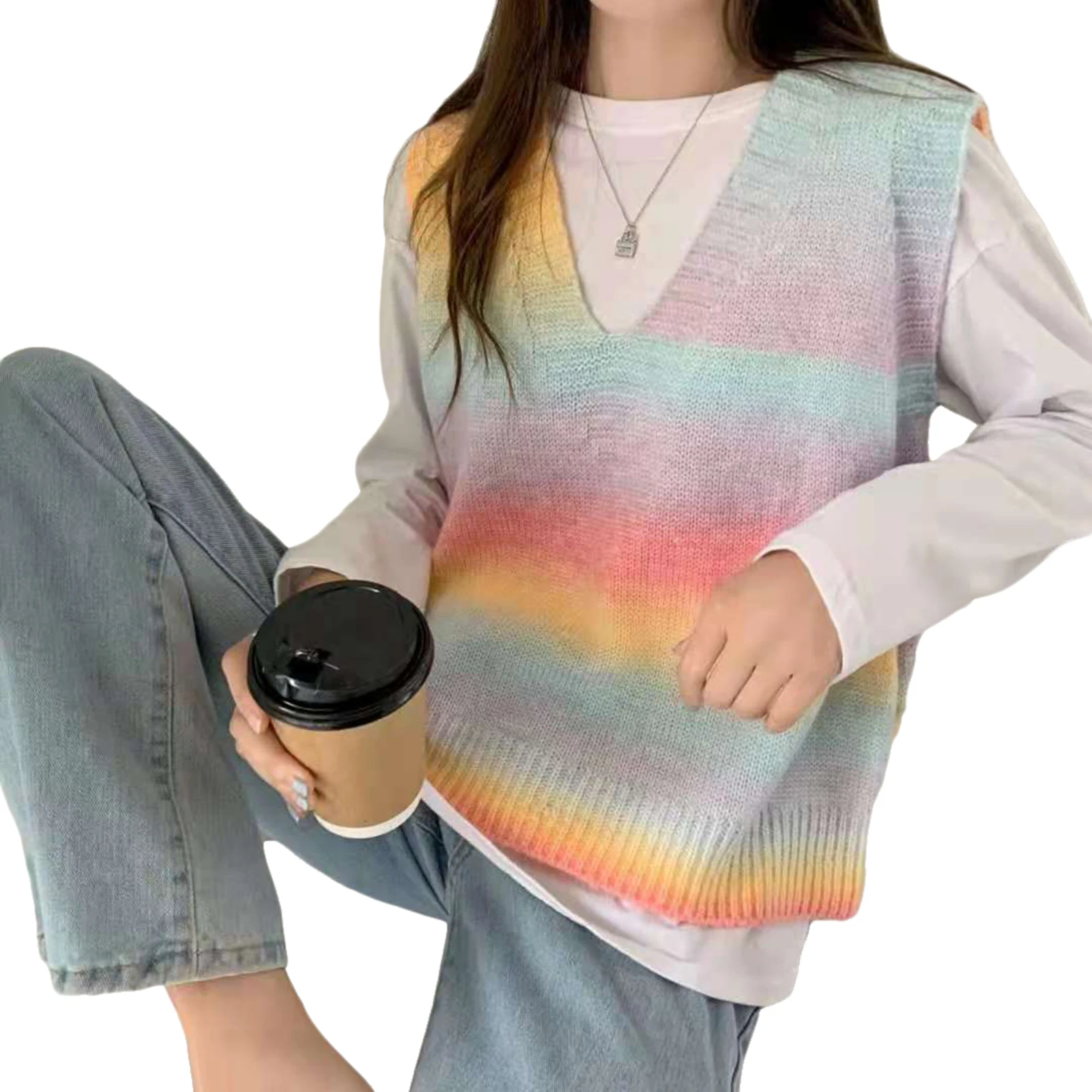 

Women Loose Knitted Tank Tops Casual Sleeveless V Neck Tie Dye Print Sweater Vest