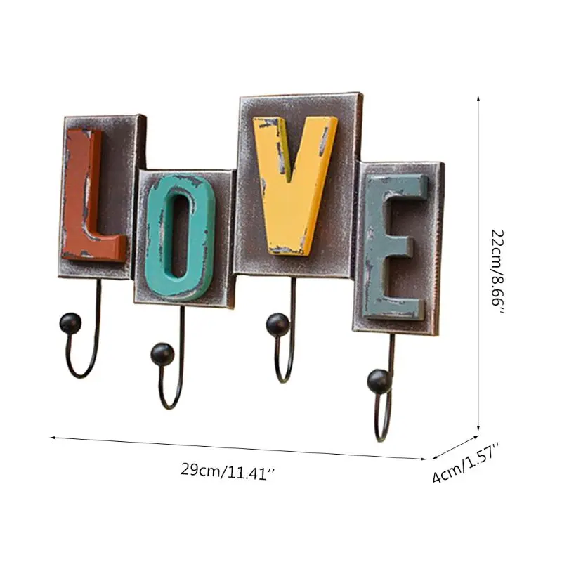 

Multicolor 4 Metal Hooks Wall Mounted Coat Rack Rustic Finish Love Lettering