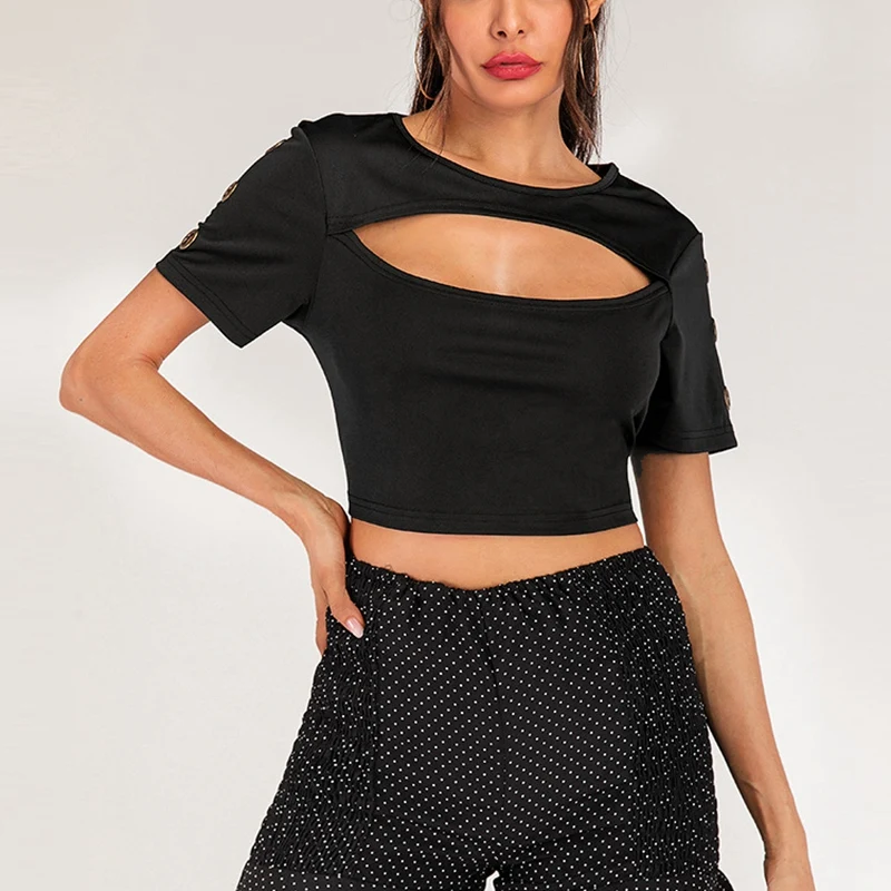 

Women's Chest Hole Solid Color Round Neck Short Navel Bare T-Shirt Black