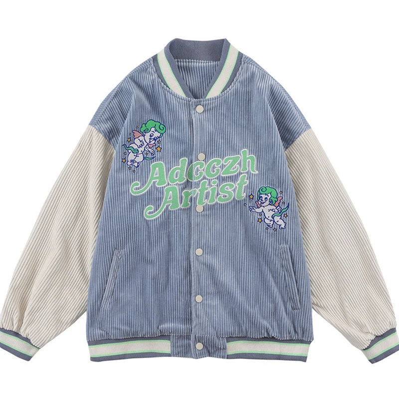 

Men Corduroy Jacket Couple Cartoon Alphabet Embroidery Contrast Vintage Baseball Uniform Woman Preppy Fall Trend Winter Outwear