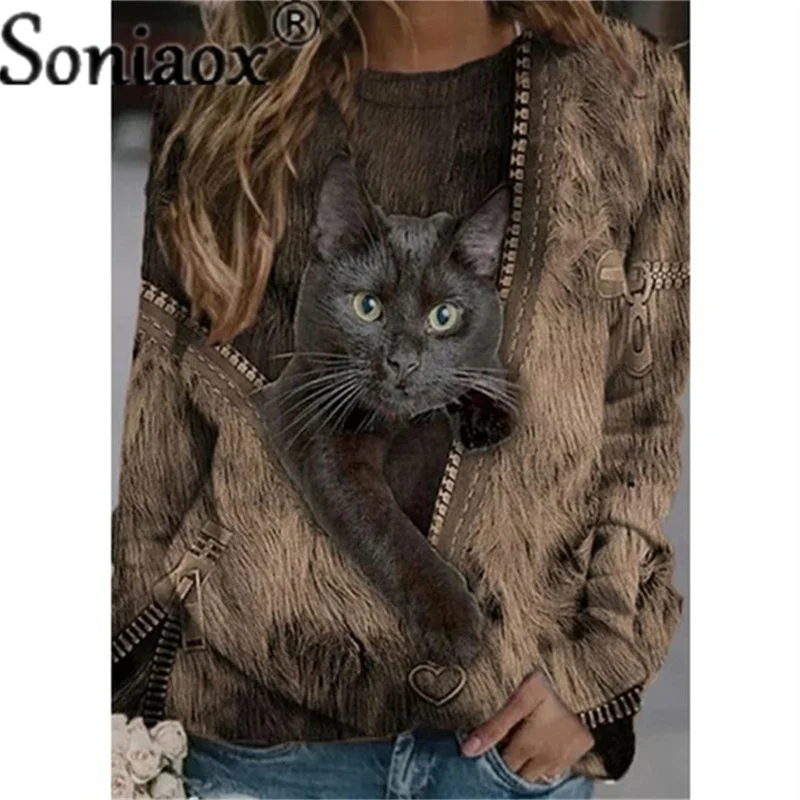 2021 Fashion Women Round Neck Pullover Cat Long Sleeve T-Shirt Casual Printed Autumn Cotton Long Ladies Shirt Loose Street Tops