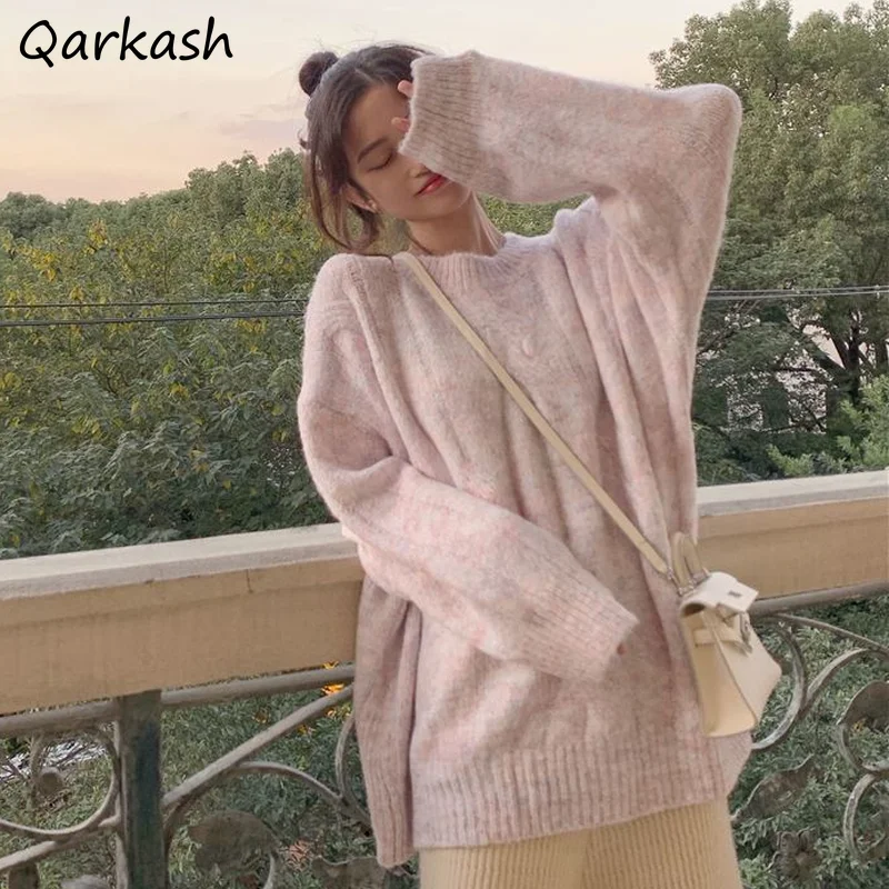 

Sweaters Women Soft O-neck Loose Pure Vintage Lovely Mujer Korean Fashion Cozy Pullovers Simple Elegant Retro Female Knitwear
