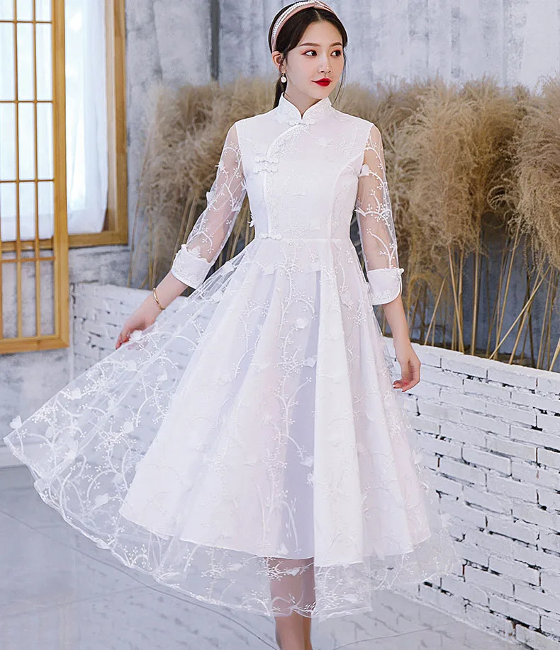 

S-4XL White Womens Evening Cheongsam Mesh Embroidery Spring Chinese style Lady Mandarin Collar Qipao Slim Party Dress Vestido