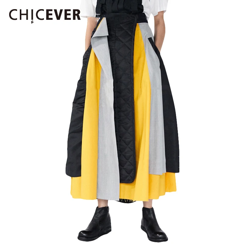 

CHICEVER Hit Color Patchwork Asymmetrical Skirt For Women High Waist Ruched Midi Large Size Skirts Female 2020 Fashion Clothing