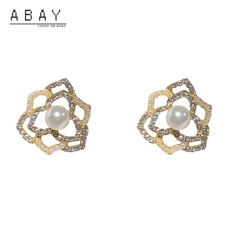 

925 Silver Needle Inlaid Rhinestone Pearl Fashion Earrings Hollow Shell Geometric Temperament Light Luxury Design Ear Pendant